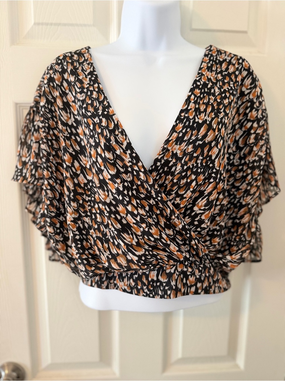 Express Black and Tan Printed Wrap Crop Top